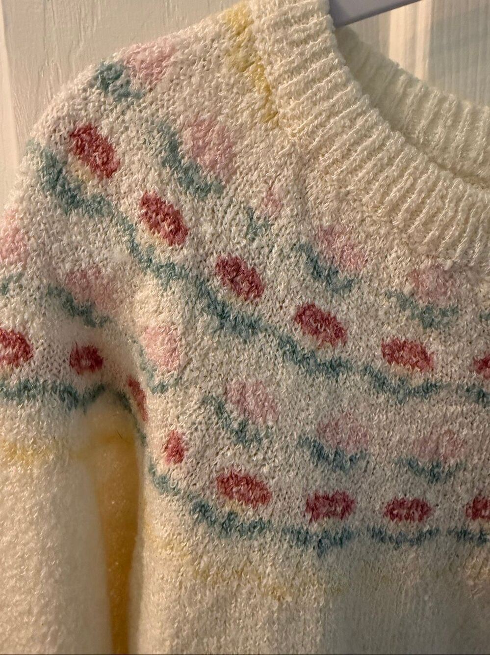 Vintage Monrose Cream & Pink Flower Fair Isle Cardigan Sweater sz L